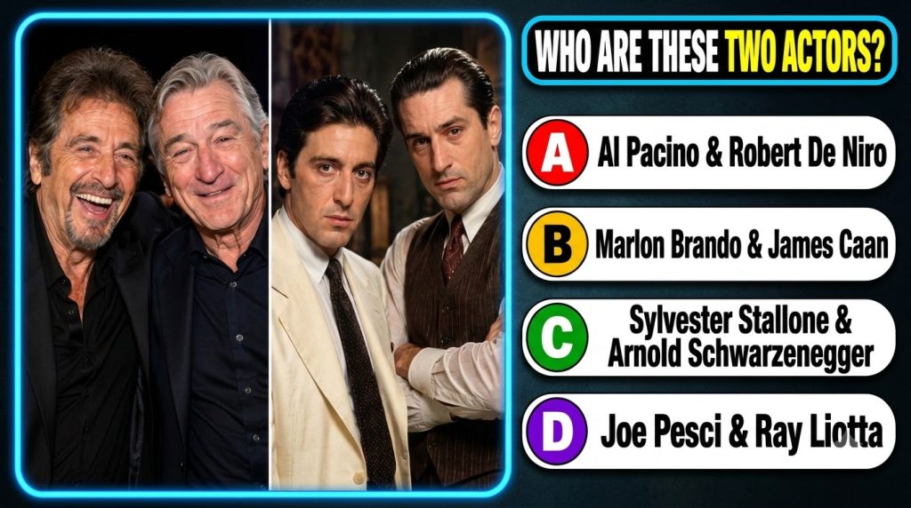 A split portrait showing Al Pacino and Robert De Niro On the left older smiling versions On the right younger serious ve