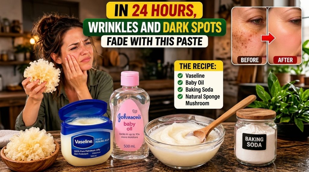 A concerned woman holding a Tremella mushroom with a collection of ingredients like Vaseline baby oil baking soda and a 