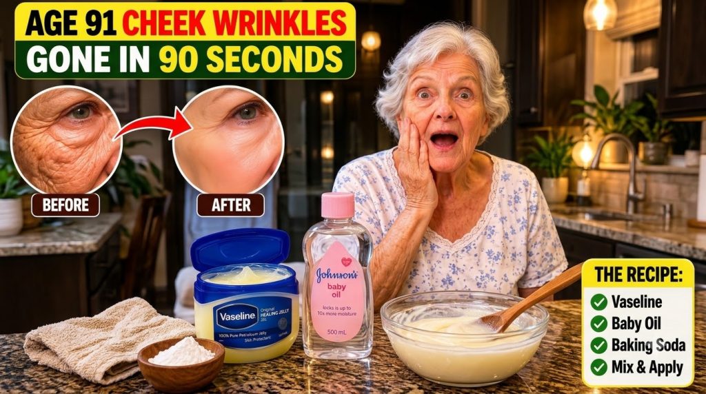 An older woman looking surprised and happy with essential DIY skin treatment ingredients Vaseline baby oil baking soda m