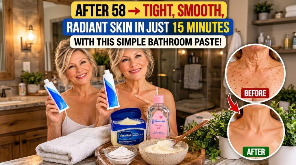 A smiling blonde woman holding a white tube gesturing towards an array of cosmetic ingredients on a wooden tray includin