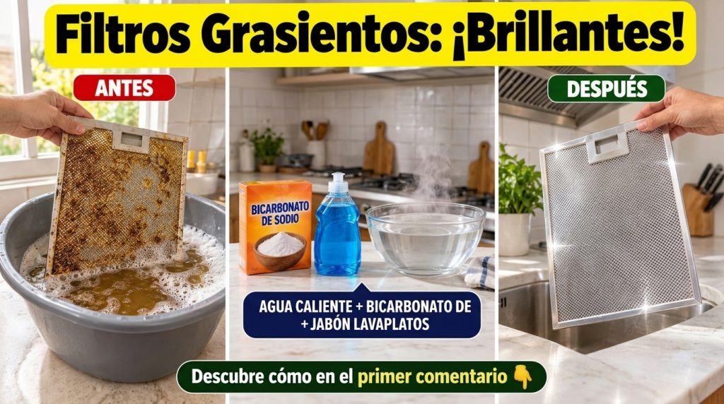 Un filtro de campana extractora extremadamente sucio y grasiento sostenido sobre un recipiente de limpieza