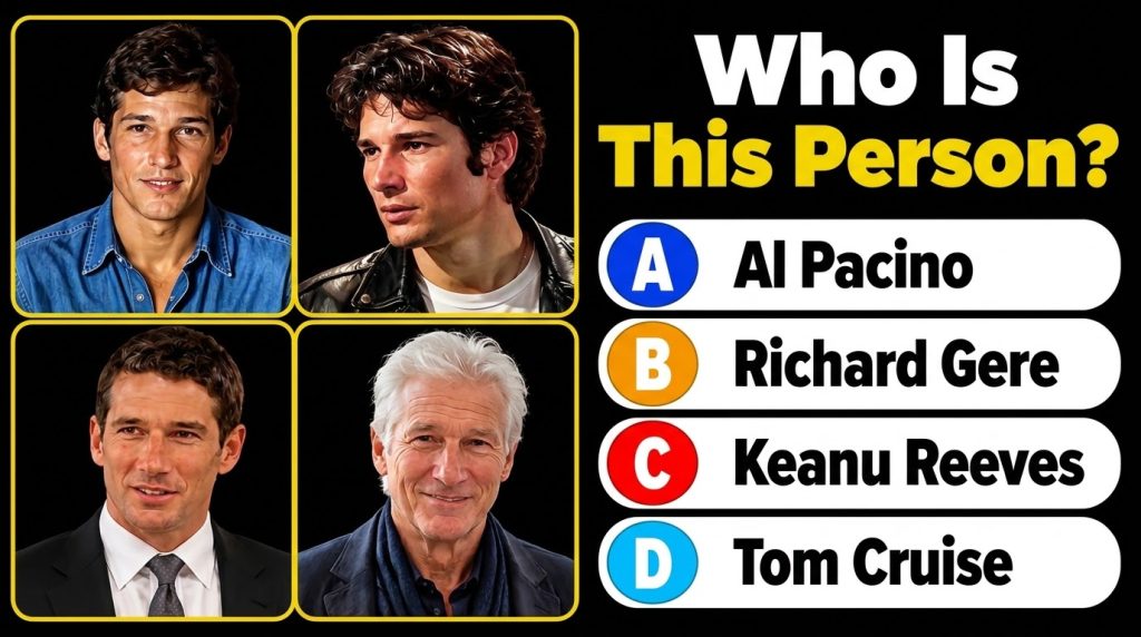 A quiz image with four male portraits in a 2x2 grid asking Who Is This Person with multiple-choice options including Ric