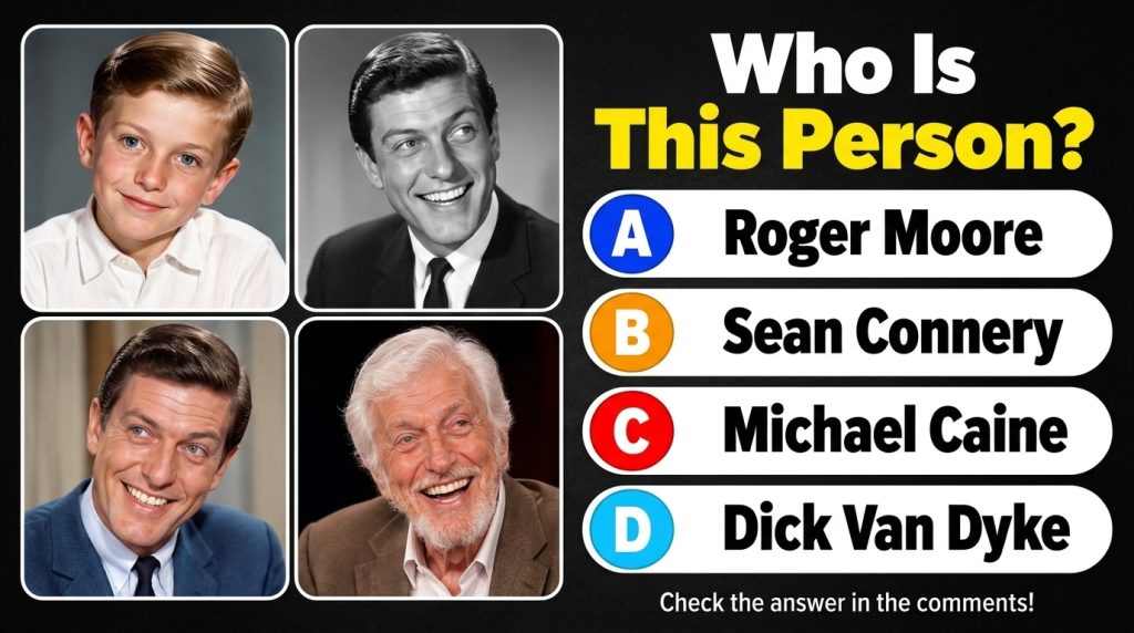 A 2x2 grid showing four portraits of Dick Van Dyke across different stages of his life childhood young adulthood in blac