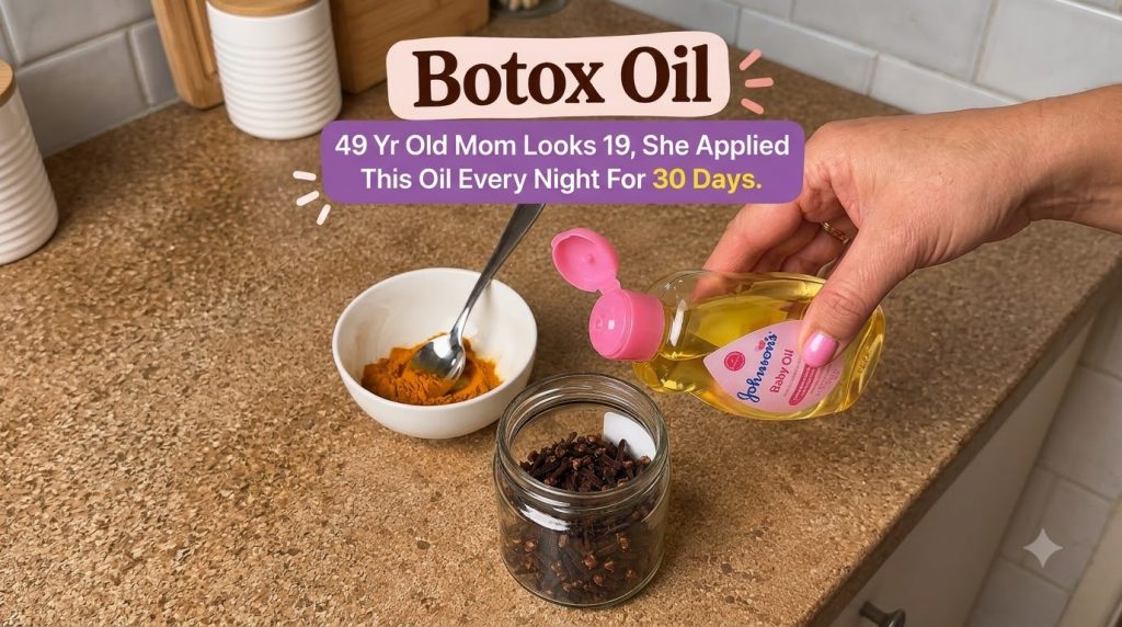 A hand pouring baby oil into a glass jar with dried cloves next to a bowl of turmeric powder on a speckled countertop de
