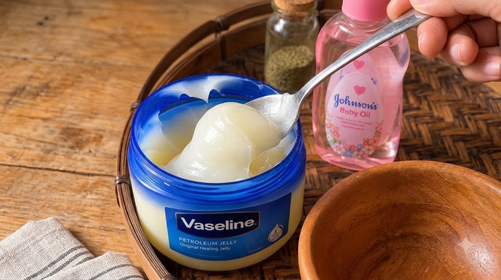 A close-up high-angle view of a blue jar of Vaseline Petroleum Jelly with a spoon a pink bottle of Johnson s Baby Oil a