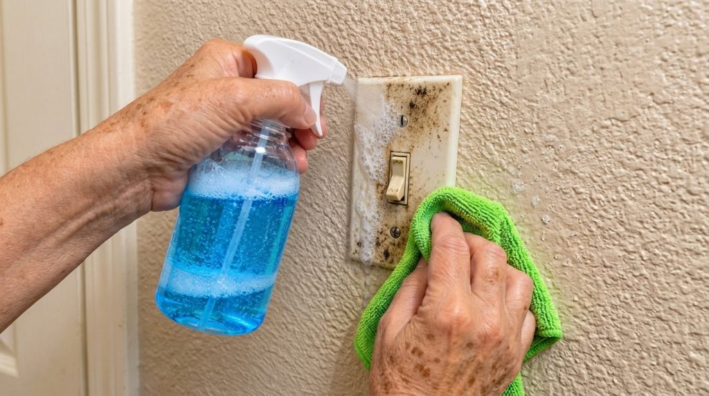 A person s hands are actively cleaning a significantly soiled light switch on a textured beige wall The left hand holds 