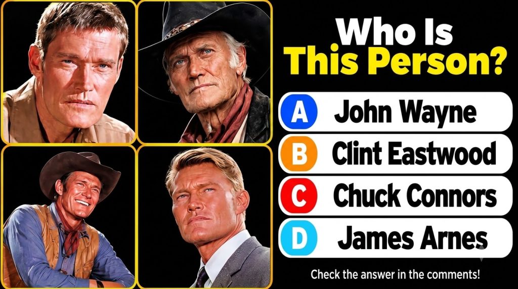 A 2x2 grid of four stylized portraits of a male actor at different ages with the question Who Is This Person and multipl