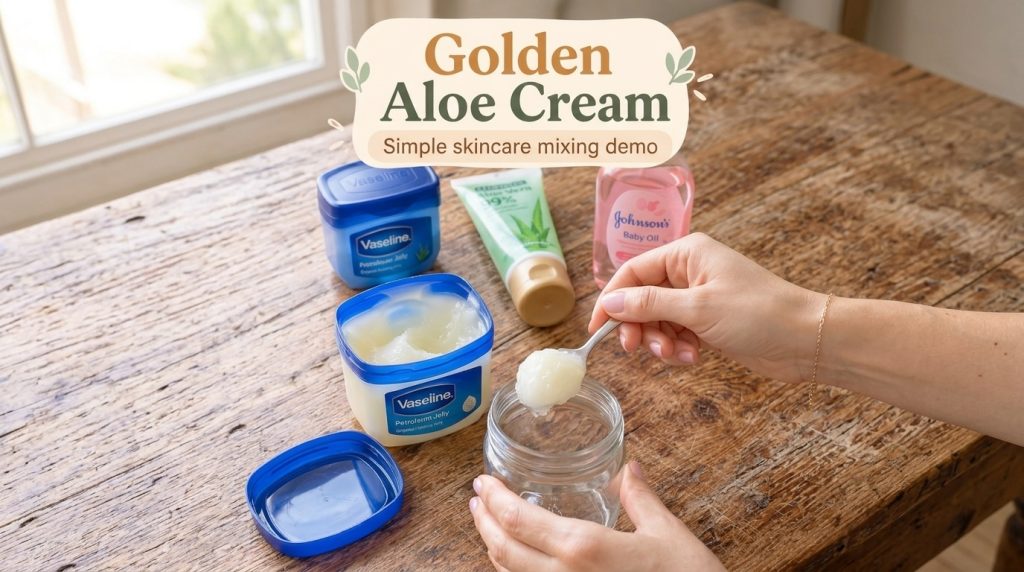 A person s hands mixing creamy Vaseline from a large tub into a small glass jar with other skincare products like Aloe V