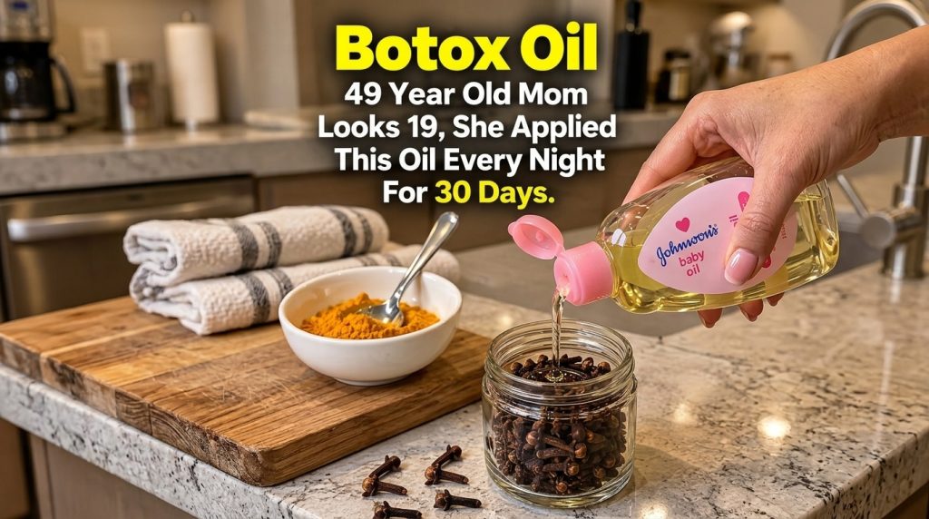 A hand pouring baby oil into a glass jar filled with whole cloves with turmeric powder in the background