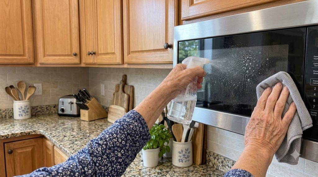 A close-up of hands cleaning a stainless steel microwave oven with one hand spraying a solution and the other wiping wit