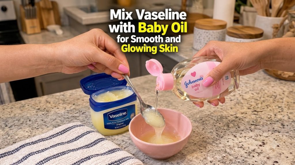 Hands mixing Vaseline and Johnson s Baby Oil in a pink bowl on a granite countertop