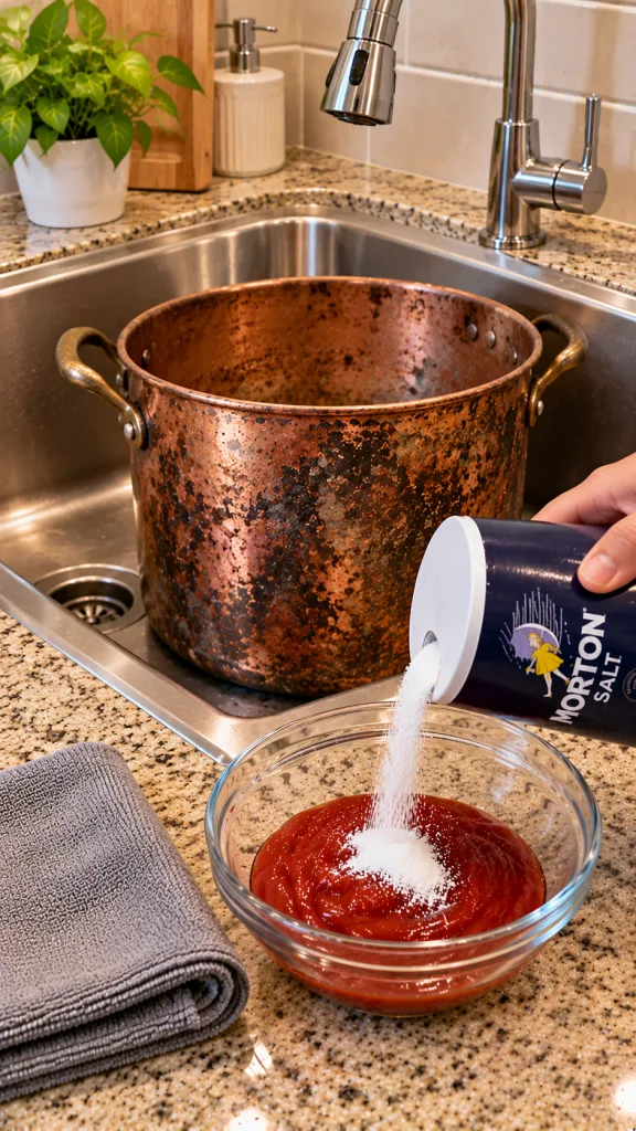 A hand pouring white salt from a blue container into a glass bowl with red ketchup
