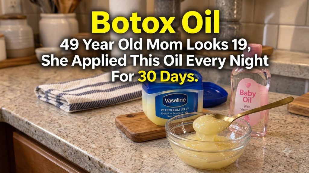 A close-up of a glass bowl containing a mixture of Vaseline and baby oil with a spoon A jar of Vaseline and a bottle of 