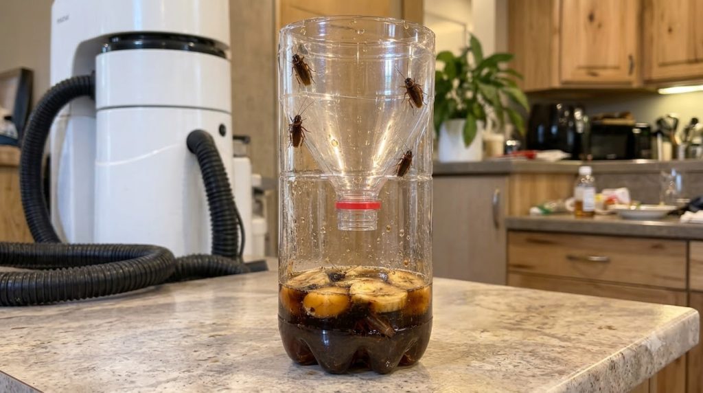 Close-up vertical shot of a DIY insect trap made from a clear plastic bottle The bottle has been inverted at the top to 