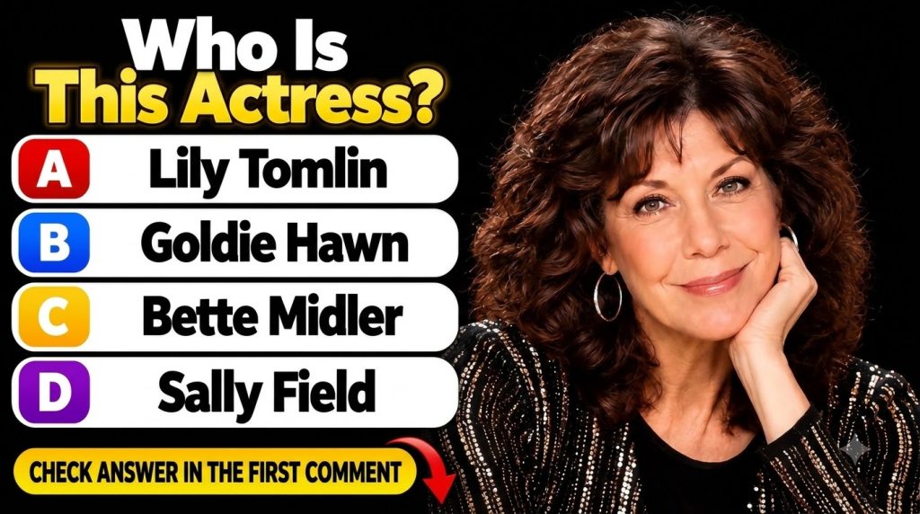 A smiling woman with curly brown hair wearing a sequined top against a solid black background with a quiz overlay Who Is
