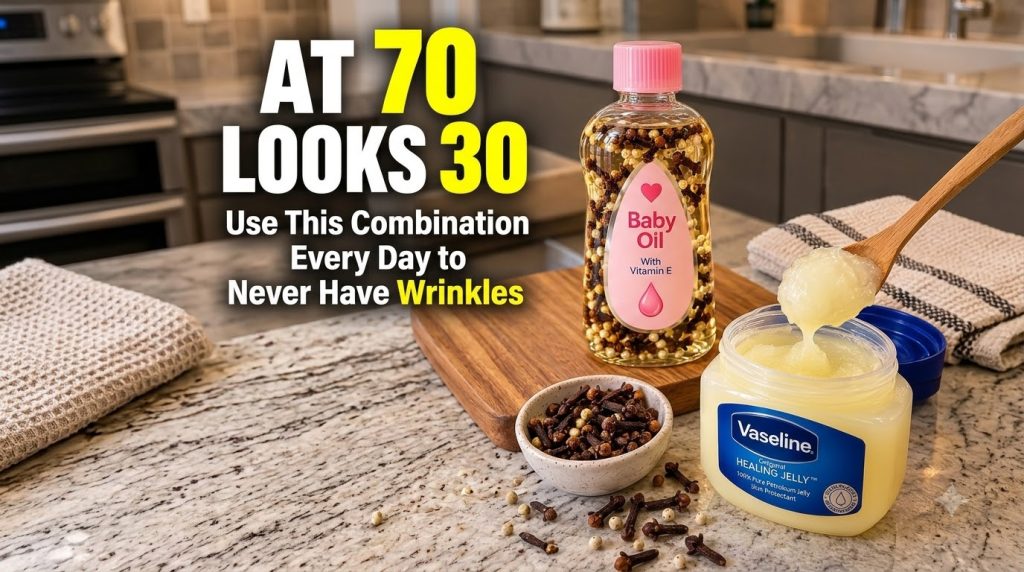 A bottle of Johnson s Baby Oil with Vitamin E infused with cloves next to a jar of Vaseline Original Healing Jelly with