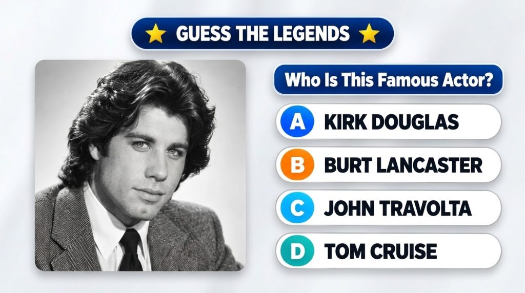 A black and white portrait of a young John Travolta with wavy hair and an earnest gaze presented within a quiz game UI w