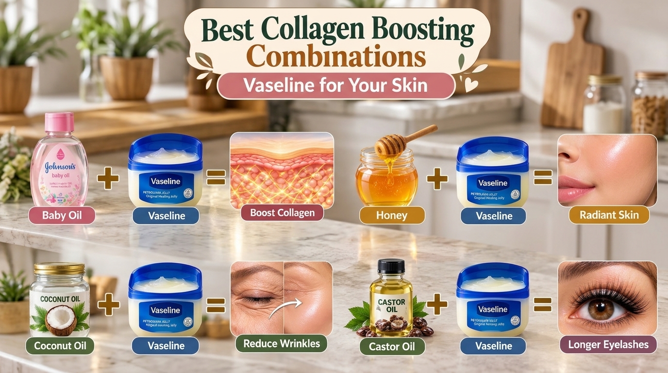 A grid-based infographic showing the DIY Vaseline and Aloe Vera Eye Cream recipe It features small jars of Vaseline and 