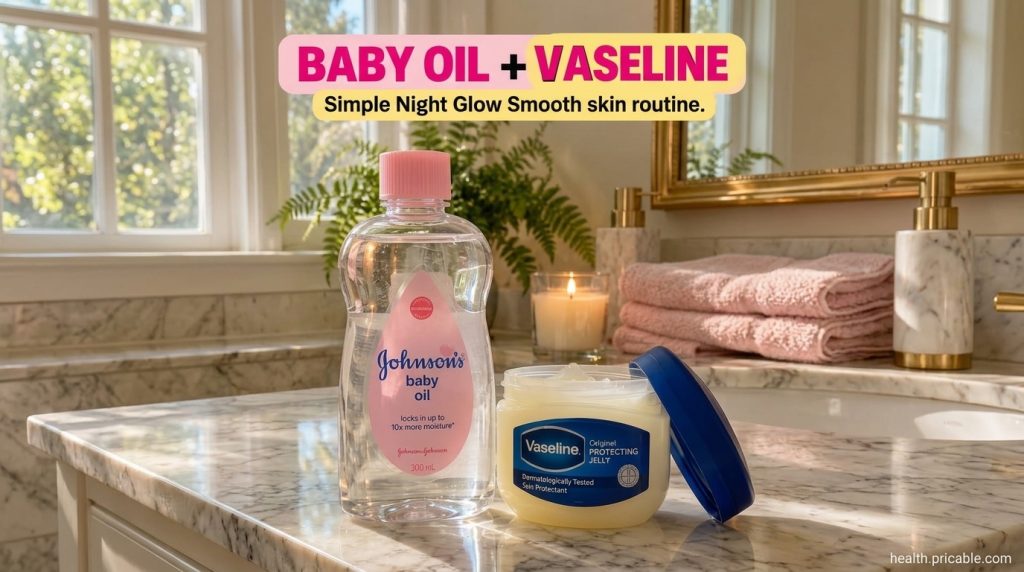 A Johnson s baby oil bottle and a tub of Vaseline on a marble countertop in a cozy bathroom with a fern plant and lit ca