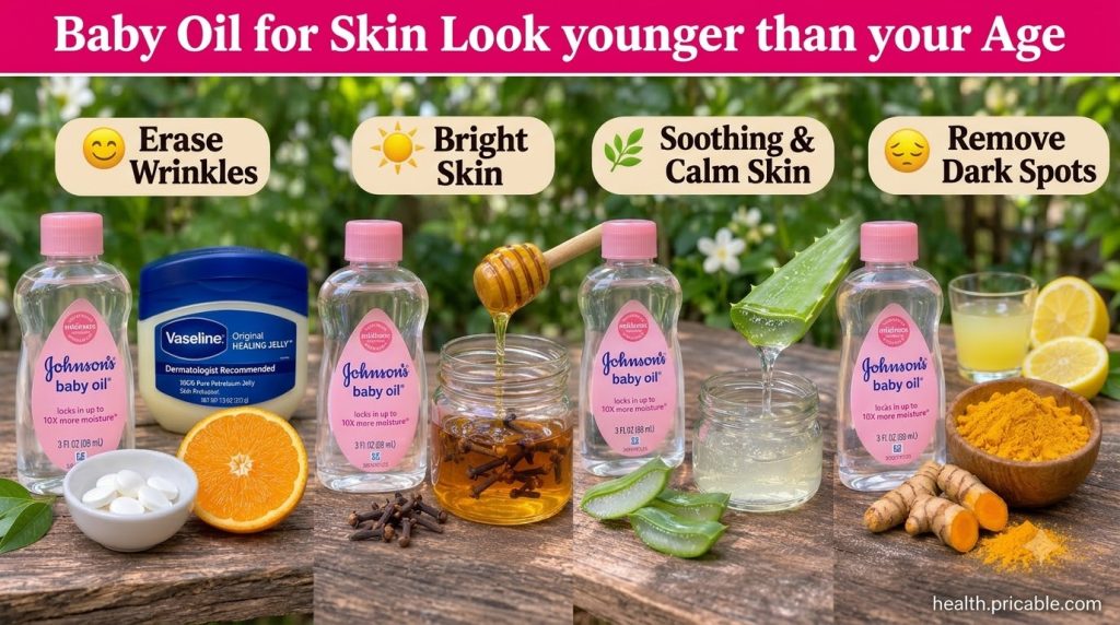 A vertical collage of Johnson s baby oil alongside natural ingredients like Vaseline orange honey cloves aloe vera turme