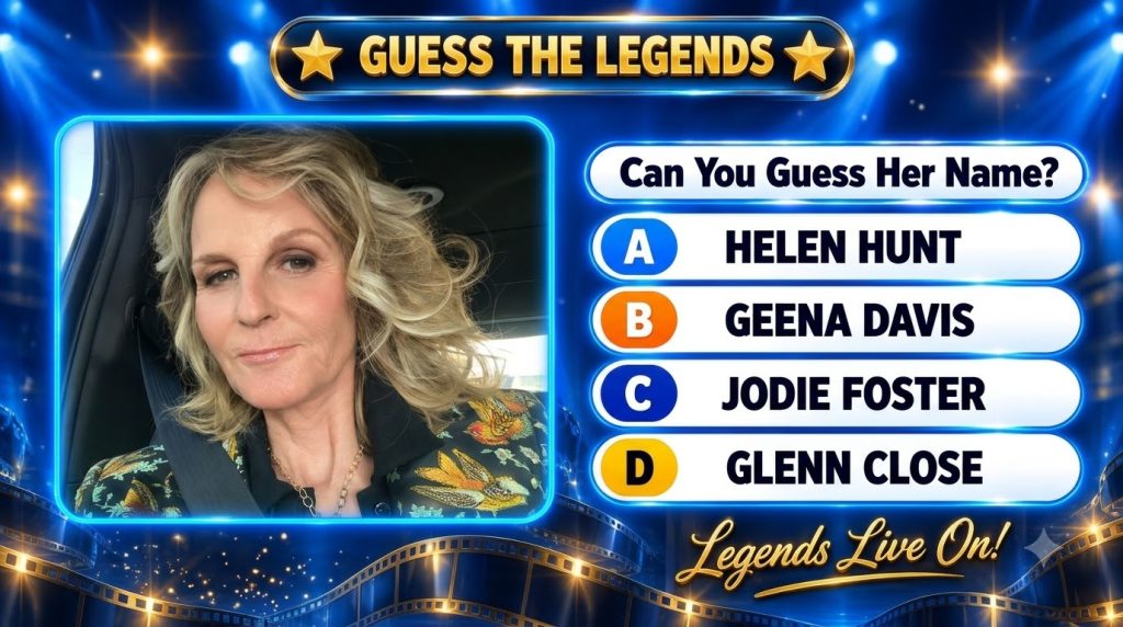 A quiz-show style graphic featuring a central portrait of a woman identified as Helen Hunt in a car setting Her blonde w