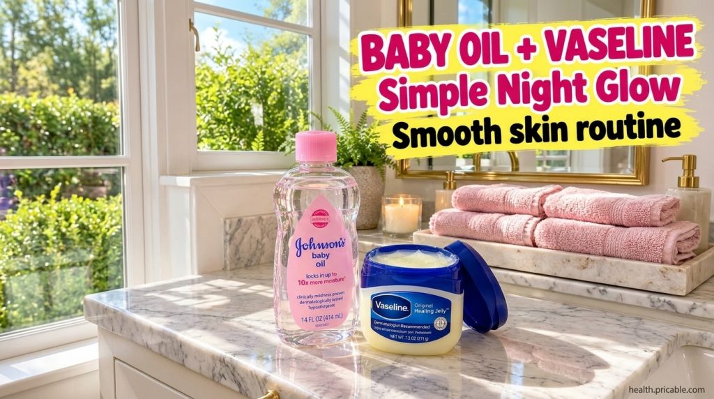 Johnson s Baby Oil and Vaseline Original Healing Jelly on a bright marble bathroom counter with soft lighting