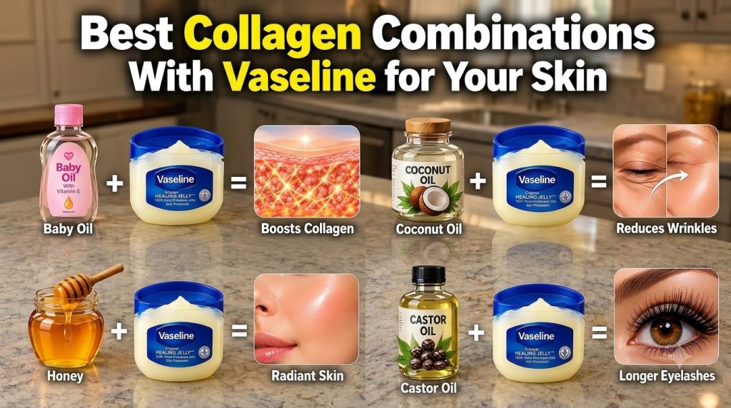 An infographic showing four Vaseline combinations with natural ingredients and their benefits on a marble countertop The