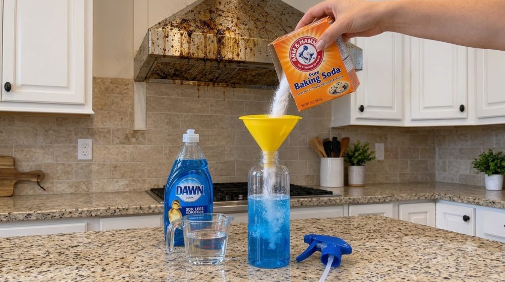 A hand pouring baking soda into a funnel which directs the powder into a bottle of blue liquid likely dish soap and wate