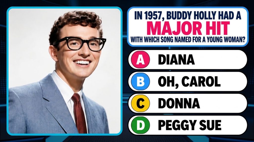 Portrait of Buddy Holly smiling wearing glasses a suit and a tie with a quiz question below him about a 1957 song and mu