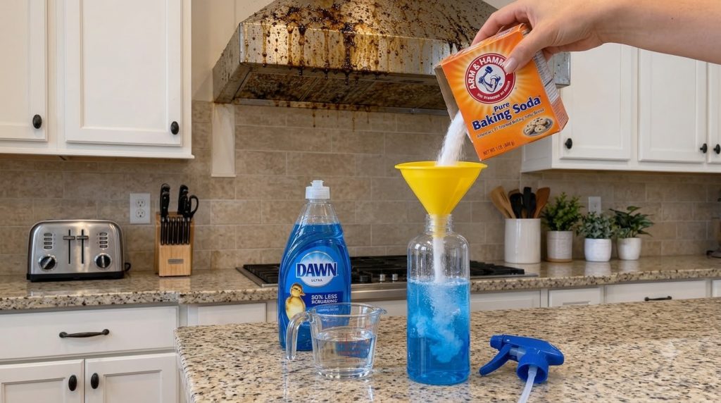 A hand pouring baking soda from a box through a yellow funnel into a clear bottle containing blue liquid creating a clou
