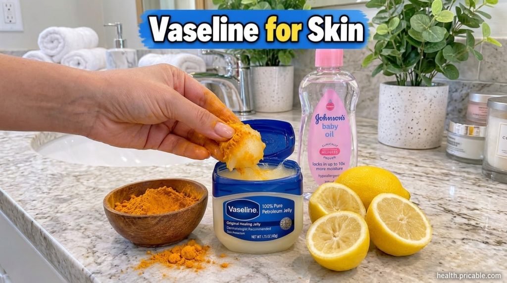 A hand scooping a mixture of Vaseline and turmeric from an open jar on a marble countertop with turmeric powder cut lemo