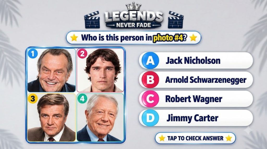 A mobile quiz game interface with the title LEGENDS NEVER FADE featuring four portrait photos and a question asking to i