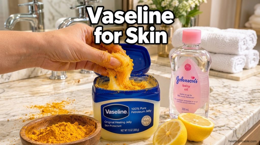 A close-up of a hand mixing vibrant yellow turmeric powder into a tub of white Vaseline jelly creating a rich viscous ye