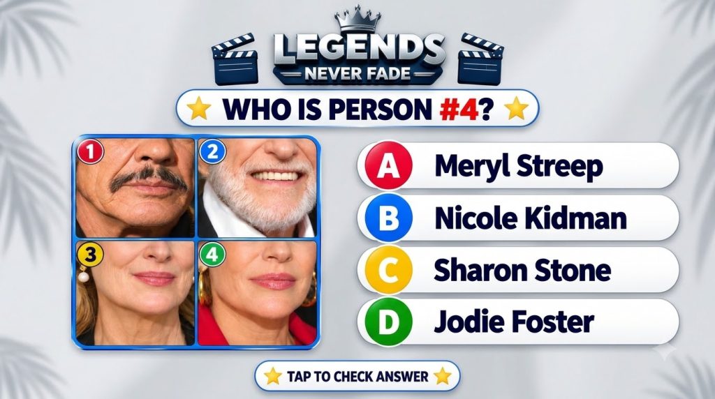 A mobile quiz game interface titled Legends Never Fade with a question WHO IS PERSON 4 Four close-up crops of celebrity