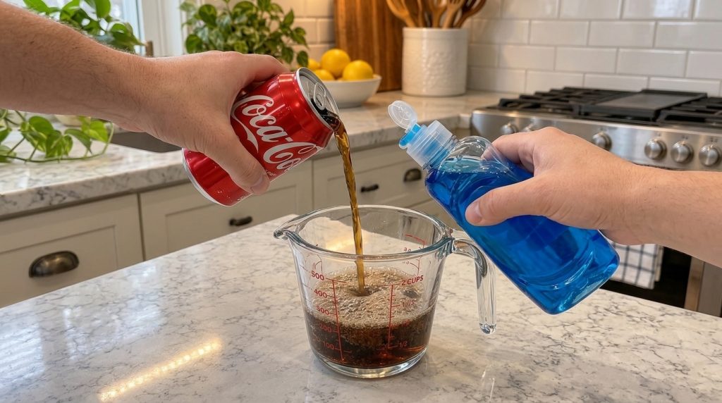 A hand pouring Coca-Cola into a measuring cup next to a blue bottle of dish soap on a blurred kitchen counter