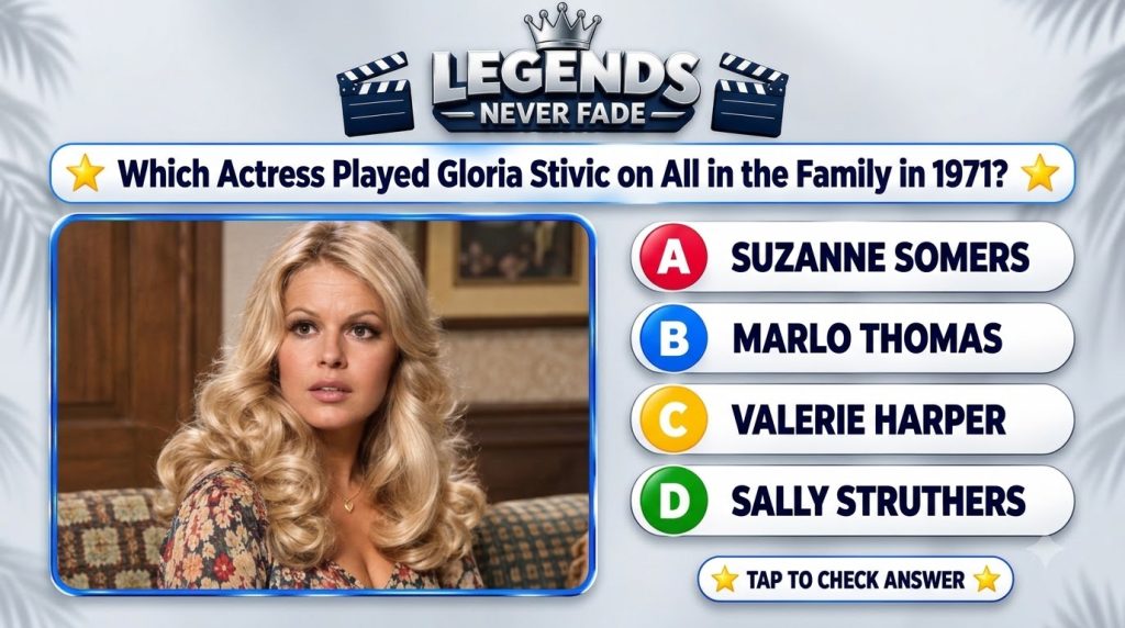 A mobile quiz game screen featuring a portrait of a blonde woman with curly hair wearing a floral top and heart necklace