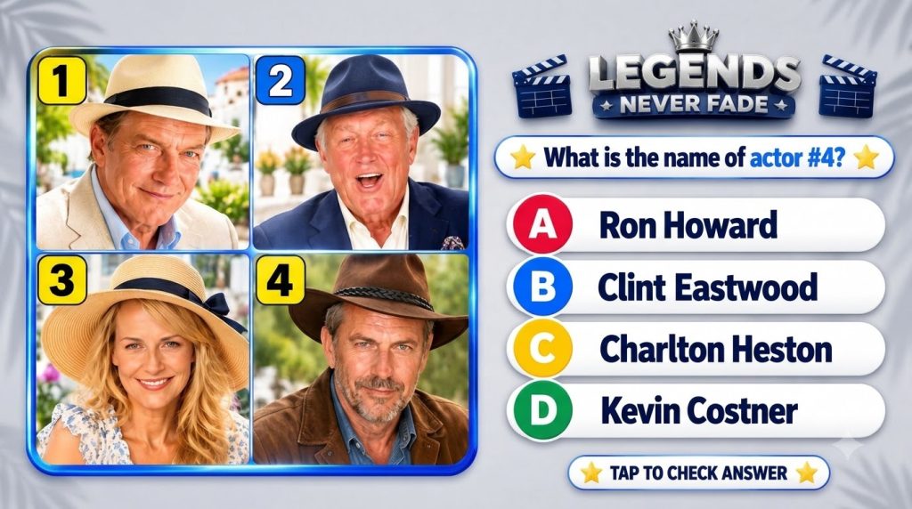A mobile quiz game interface displaying LEGENDS NEVER FADE with a 2x2 grid of four celebrity portraits Actor 4 a rugged 