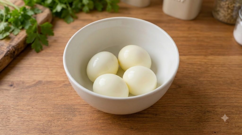 A bowl of creamy homemade egg mayonnaise garnished with fresh chives next to slices of bread on a wooden cutting board