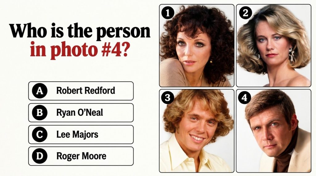 A retro-themed multiple-choice quiz image with four distinct portrait headshots of male celebrities from the 1970s or 80