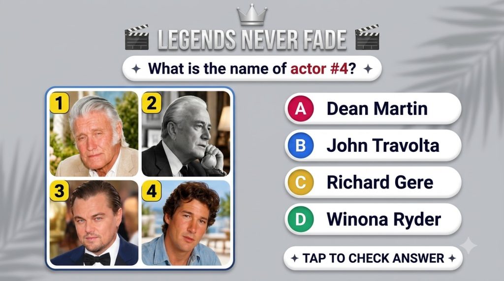 Mobile quiz interface with LEGENDS NEVER FADE title and actor headshots prompting to identify actor 4