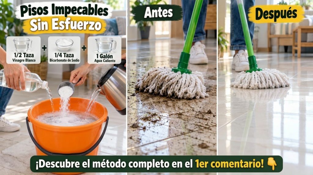 Un cubo de limpieza naranja con un trapeador dentro con agua rojiza y espumosa y gránulos blancos alrededor