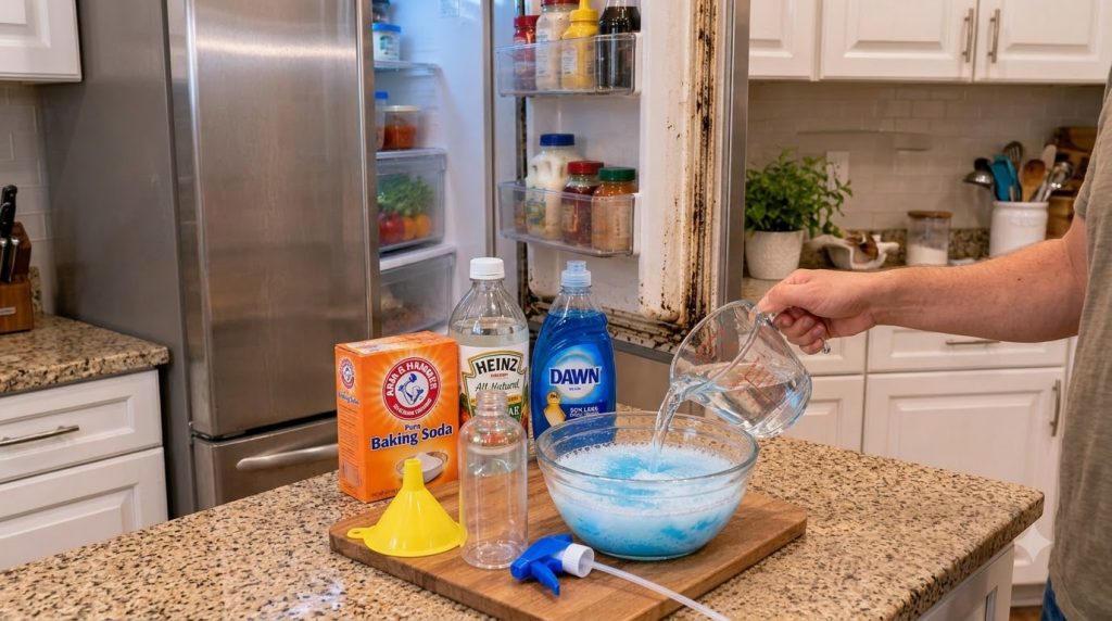 A hand pouring warm water from a measuring cup into a bowl mixing with baking soda white vinegar and blue dish soap to c