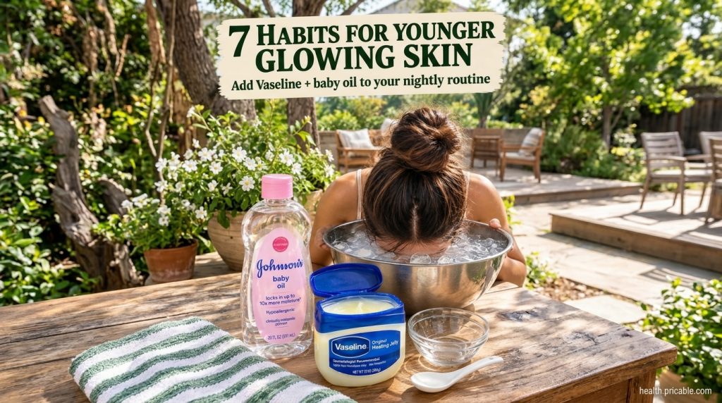 A person s face submerged in a bowl of ice water with Johnson s baby oil and Vaseline bottles visible on a wooden table 