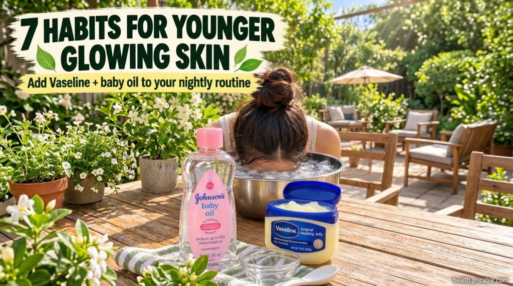 A person s face submerged in a bowl of ice water with a bottle of baby oil and a jar of petroleum jelly on a towel nearb