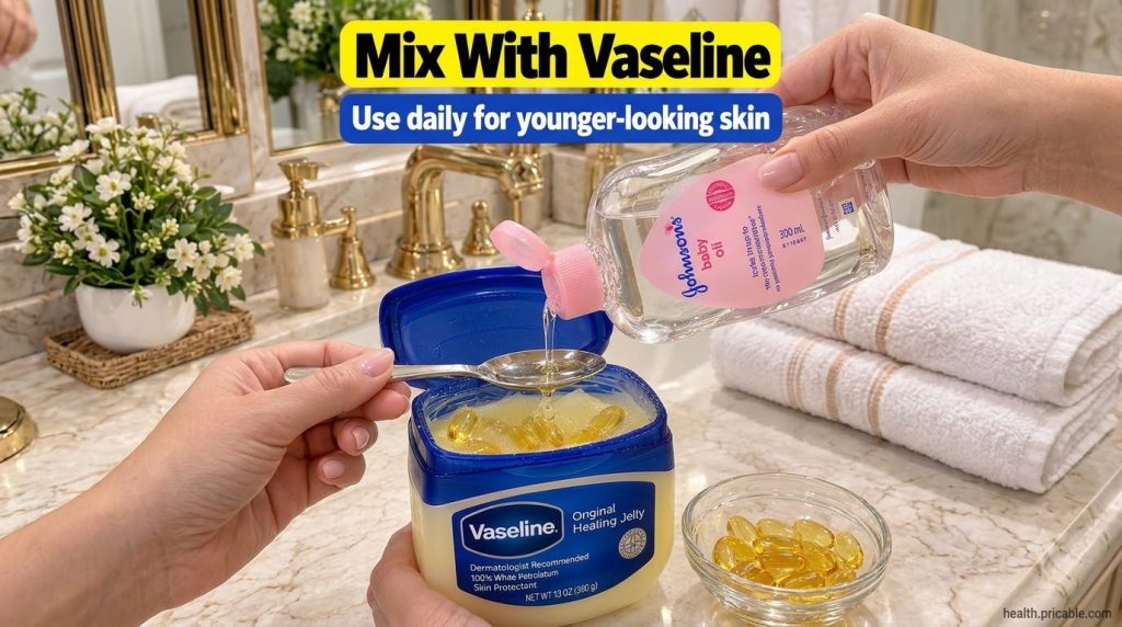 A hand pouring baby oil from a Johnson s bottle onto a spoon held over a container of Vaseline mixed with yellow Vitamin