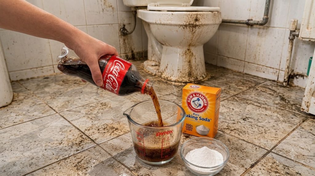 A hand pouring Coca-Cola from a bottle into a Pyrex measuring cup A box of baking soda and a small bowl of white powder 