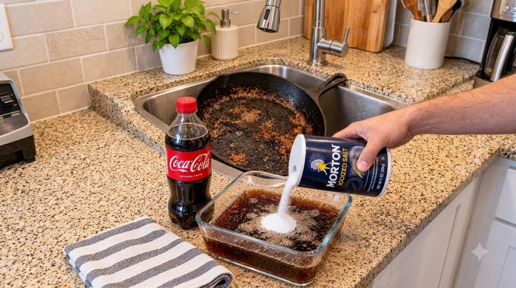A person s hand pouring Morton Iodized Salt into a glass dish containing Coca-Cola on a kitchen counter with a burnt cas