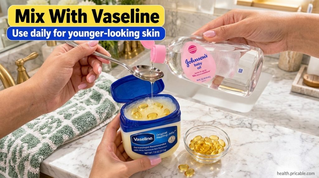 Hands mixing Vaseline baby oil and vitamin E capsules in a small jar with a soft glowing bathroom background
