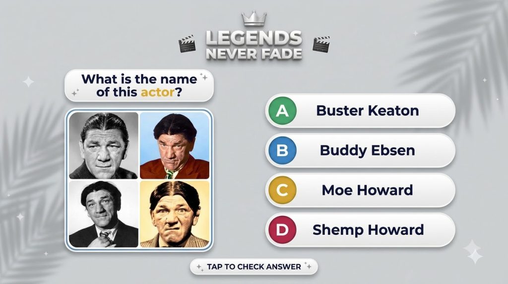 A mobile quiz screen featuring four different portrait images of classic comedian Moe Howard set against a subtle shadow