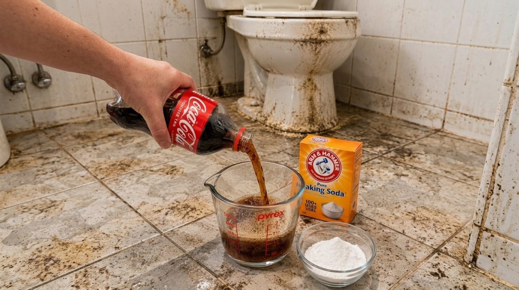 A hand pouring Coca-Cola into a measuring cup with baking soda with a dirty toilet in the background
